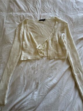 Nasty Gal Cream Ribbed Lace-Up Cropped Cardigan